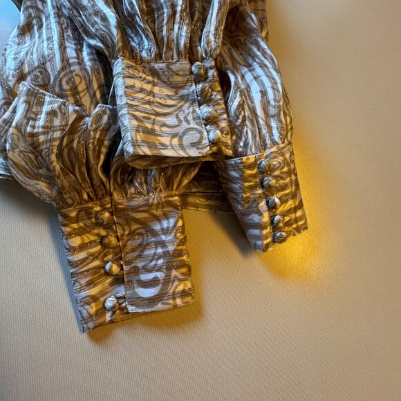 VTG Flora Kung 100% Silk Blouse Size 8 Cream Gold Print Deep Plunge Neck 70s 80s - Picture 4 of 10